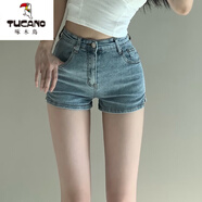 啄木鳥(niǎo)（TUCANO）歐美辣妹緊身牛仔短褲女夏季彈力高腰小個(gè)子大碼包臀熱褲超短褲子 淺藍色 高質(zhì)量版 S 建議 88-100斤