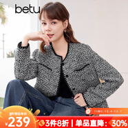 百圖betu女裝春季新款短外套高級感小香風(fēng)長(cháng)袖毛呢外套女2401T40 黑色 S