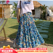 皮爾卡丹飄逸雪紡半身裙女夏季2025新款寬松大擺蛋糕a字長(cháng)裙高腰碎花裙子 藍 8515藍色油墨畫(huà) S 建議85-99斤