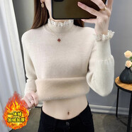 KJ秋冬新款加絨加厚一體絨針織毛衣女蕾絲半高領(lǐng)精致百搭保暖上衣 燕麥色 M 建議90-100斤