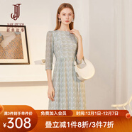 經(jīng)典故事（JANE STORY）法式復古條紋連衣裙女2025春秋新款圓領(lǐng)七分袖雪紡裙高級感中長(cháng)裙 白綠藍條 M