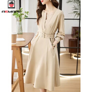 AEMAPE氣質(zhì)名媛長(cháng)袖連衣裙2026春秋新款收腰顯瘦洋氣V領(lǐng)風(fēng)裙子百搭 米色 L 105-120斤