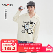 三福（SANFU）毛衣2025冬季搞怪貓咪圖案V字翻領(lǐng)寬松上衣女裝510497 米白色 S