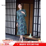 MORELINE沐蘭輕奢優(yōu)雅印花連衣裙2025年春新款高級感收腰翻領(lǐng)A字裙中長(cháng)款 綠花 3XL
