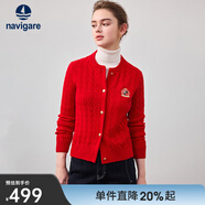 Navigare意大利小帆船女士毛衣秋冬季新款純綿羊毛長(cháng)袖開(kāi)衫通勤針織外套 布萊肯紅 M