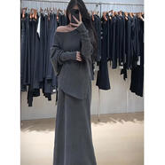 ANBIEM寬松慵懶風(fēng)蝙蝠袖開(kāi)叉毛衣套裝裙女秋冬新款簡(jiǎn)約韓版針織兩件套厚 灰色套裝 S  (建議100斤內）