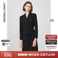 朗姿設計感ol風(fēng)氣質(zhì)顯瘦西裝裙冬季新款法式長(cháng)袖高級感連衣裙 黑色2 S