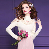 菲夢(mèng)伊釘珠蕾絲荷葉邊打底針織衫女冬季設計感半高領(lǐng)套頭T恤上衣 米杏色 M 90-120