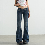 TGXQ美式牛仔褲女2025新款復古水洗藍拖地辣妹彈力超低腰微喇褲子 深藍_身高建議167cm以下 常規 XS