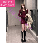 夢(mèng)夢(mèng)奇新年戰袍圣誕節氛圍感長(cháng)袖連衣裙女秋冬內搭修身紅色針織包臀短裙 酒紅色 S