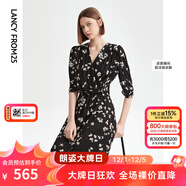 朗姿【明星同款】黑色復古碎花顯瘦連衣裙夏季新款氣質(zhì)裙子 黑色 2XL