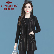 俞兆林（YUZHAOLIN）西裝領(lǐng)馬甲外套女?huà)寢屟b春秋大碼中老年女條紋中長(zhǎng)款坎肩馬夾外搭 919 黃條 5XL 建議145-160斤