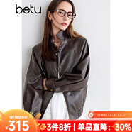 百圖betu女裝秋季新款新復古回潮洗水皮衣寬松夾克外套女2409T58 咖啡色 M