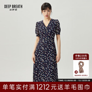 深呼吸DEEP BREATH女裝V領(lǐng)中長(cháng)高腰泡泡袖收腰碎花連衣裙A500197 藏藍-花 M (3碼)