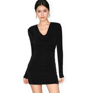 NEVAHU修身褶皺包裙V領(lǐng)性感垂折領(lǐng)長(cháng)袖洋裝女2025氣質(zhì)短裙子 黑色現貨 S S