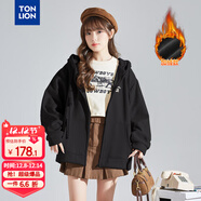 唐獅（TonLion）2025針織外套女休閑衛衣開(kāi)衫連帽上衣 加絨款/黑色 M
