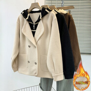 古維慕加肥加大碼連帽毛呢大衣女條紋拼接假兩件外套女秋秋季美拉德呢子 米白色外套【打底衫/可鹽可甜/多巴胺穿搭/微胖妹妹 2XL