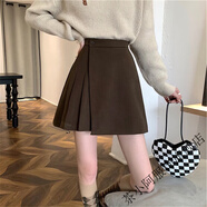茶小阿秋冬毛呢不規則小眾百褶短裙梨形身材大碼冬天配毛衣半身裙女 咖啡色 【內帶安全褲】 2XL