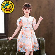 G.duck小黃鴨女童連衣裙夏裝夏季款洋氣兒童裝小女孩寶寶純棉碎花公主裙 橘紅色雪紡裙 130 cm(130cm)