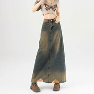 美式復古做舊牛仔裙女2025高腰破洞A字中長(cháng)裙 復古藍- 常規 S