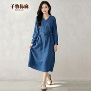 子牧棉麻2026春裝 女優(yōu)雅復古休閑百搭V領(lǐng)中長(cháng)款長(cháng)袖連衣裙Y 高級藍 2XL (建議130-145斤)