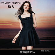 糖力【商場(chǎng)同款】甜美少女 夏季新款荷葉邊百褶吊帶連衣裙女 黑色 L