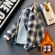美特斯邦威（Meters Bonwe）冬季加絨小香風(fēng)毛呢外套男士潮牌感痞帥長(cháng)袖格子襯衫保暖夾克 白色#2_ 加絨 M