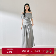 詩(shī)凡黎（‘S EIFINI）【蕩領(lǐng)2件套】詩(shī)凡黎收褶露肩一字肩短袖T恤25夏新款高腰A字長(cháng)裙 夾花灰 半身裙 M