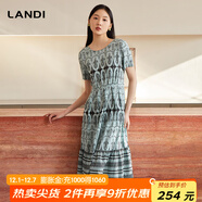 藍地（LANDI）波西米亞風(fēng)印花復古連衣裙女短袖收腰中長(cháng)裙夏新品 葉綠色 S