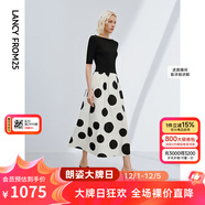 朗姿復古波點(diǎn)氣質(zhì)一字肩設計感假兩件連衣裙夏季新款針織裙子 夜幕黑色 M