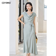 歐迪鳥(niǎo)2025夏季新款氣質(zhì)優(yōu)雅萊賽爾連衣裙設計感蕩領(lǐng)長(cháng)款裙子 藍色 S