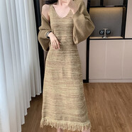 依樂(lè )琦復古流蘇一步裙兩件套女秋冬法式裙 兩件套連衣裙 S