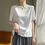 國風(fēng)真絲短袖上衣t恤女2024夏季薄款新中式簡(jiǎn)約襯衫緞面提花T恤衫 潔白色 XL XL