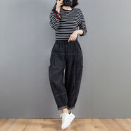 韓版大碼女裝牛仔垮褲子秋冬寬松磨白吊襠高腰顯瘦休閑哈倫褲 黑色 M M100-120斤