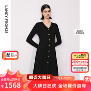 朗姿純羊毛v領(lǐng)收腰顯瘦長(cháng)袖針織裙氣質(zhì)長(cháng)裙設計感連衣裙冬季新款 黑色 L