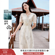 香影（xiangying）v領(lǐng)連衣裙女2025夏季新款泡泡袖絕美蝴蝶印花收腰顯瘦仙女裙 米色 M