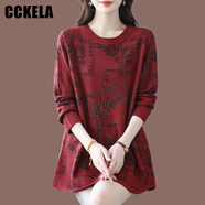 CCKELA中年媽媽裝秋冬加肥加大碼羊毛打底衫A版寬松遮肚時(shí)尚印花針織衫 酒紅色 5XL 適合180-200斤