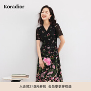 珂萊蒂爾【100桑蠶絲】玫瑰印花真絲連衣裙女夏茶歇裙法式裙子 黑色 XL