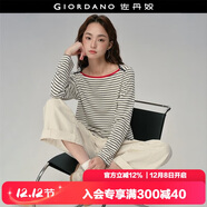 佐丹奴[盧正義明星款]長(cháng)袖T恤女新款撞色一字領(lǐng)條紋上衣18325616