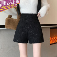大碼短褲女冬季配馬丁靴大碼加厚毛呢短褲女小香風(fēng)口袋打底休閑褲 黑色 M