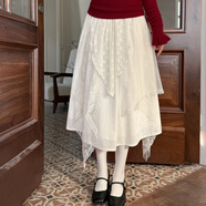 森女部落甜美風(fēng)修身針織衫女新款新年紅露肩蝴蝶結百搭顯白上衣冬 米杏色半身裙 S