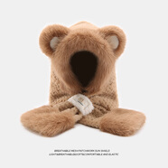 笙格兒帽子圍巾一體秋冬季保暖毛絨帽加厚仿兔毛可愛(ài)學(xué)生護耳帽子冬天女 5430駝色-帽子圍巾一體 均碼