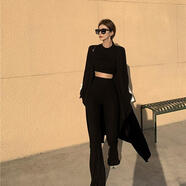 韓國慵懶氣質(zhì)外套女短款套頭毛衣喇叭褲子針織褲炸街秋冬三件套裝 黑色上衣+褲子(優(yōu)質(zhì)版） S