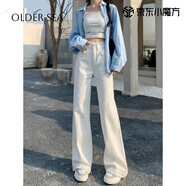 Rindu白色高腰毛邊直筒牛仔褲女秋季2025年新款寬松顯瘦闊腿拖地褲子女 白色 2XL 建議129-143斤