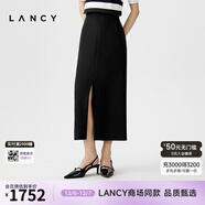 朗姿/LANCY夏季新款高腰開(kāi)叉直筒真絲半身裙女士長(cháng)款通勤裙子 黑色 M