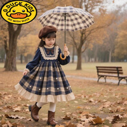 G.duck女童2025秋冬新款格子韓版連衣裙寶寶學(xué)院風(fēng)中大童加絨生日蓬蓬裙 A71藍色加絨 130