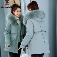 AEMAPE羽絨棉服女2025冬季新款韓版寬松顯瘦毛領(lǐng)棉衣外套連帽棉襖上衣潮 清新淺蘭色-2113#  L _建議110-125斤