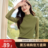 熙世界肌理蕾絲打底衫女2024秋冬新款花邊半高領(lǐng)內搭長(cháng)袖T恤上衣 欖綠色 L