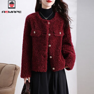 AEMAPE紅色小香風(fēng)羊羔毛外套女2025新款秋冬小個(gè)子加絨皮毛一體短款上衣 安可拉紅外套 M 建議100-115斤