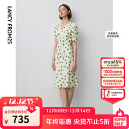 朗姿氣質(zhì)V領(lǐng)復古波點(diǎn)印花泡泡袖連衣裙年春新款法式中長(cháng)款裙子 米白色 2XL